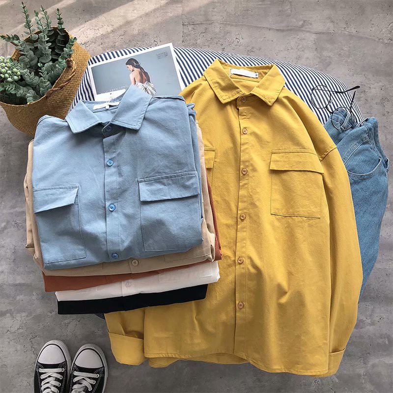 Áo sơ mi nam tay dài thời trang Hàn Quốc nhiều túi size M - 3XL
