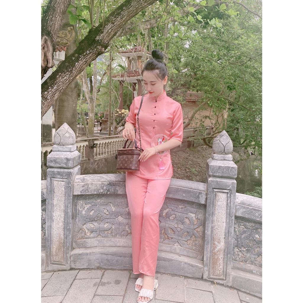 Đồ Lam Nữ Đi Chùa - Bộ Cổ Trụ Thêu Hạt Đính Ngọc Bội Tàu AL025