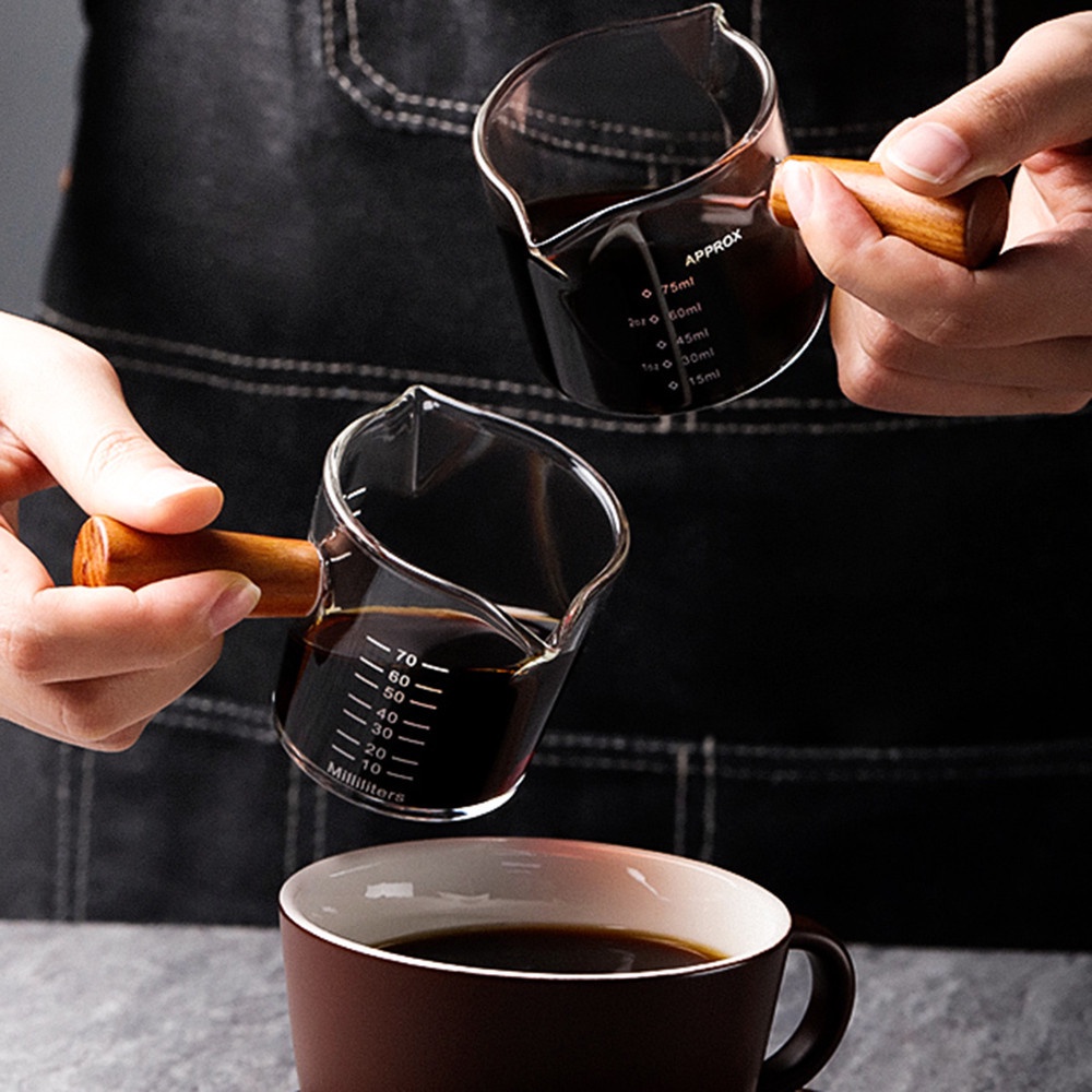 Cốc đong pha cà phê espresso / sữa bằng thủy tinh hai lớp tay cầm gỗ