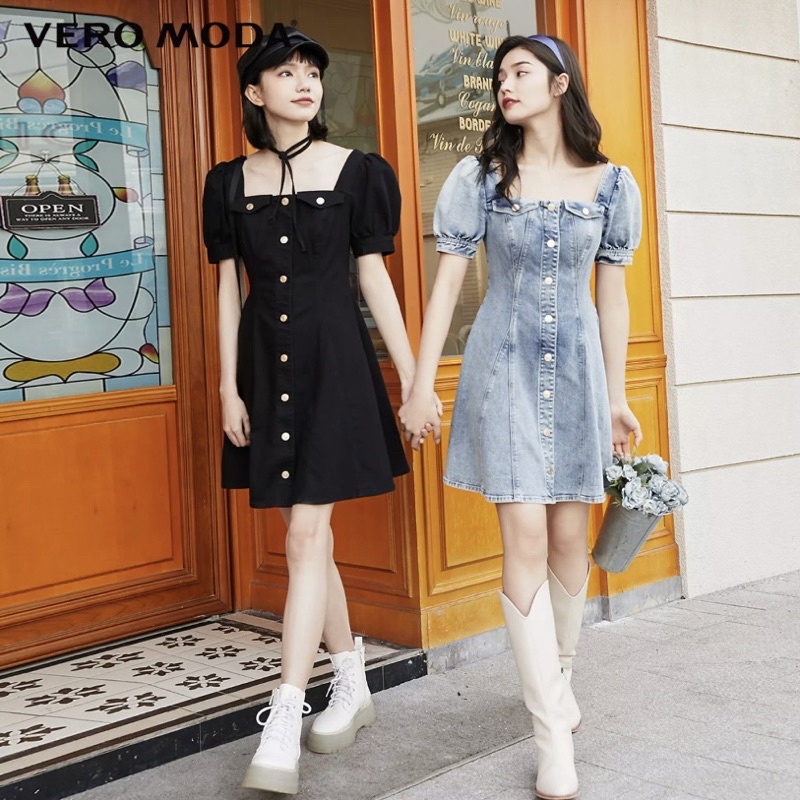 Váy đầm denim jeans đen tay phồng cổ vuông Babble - Vero Moda trẻ trung sành điệu