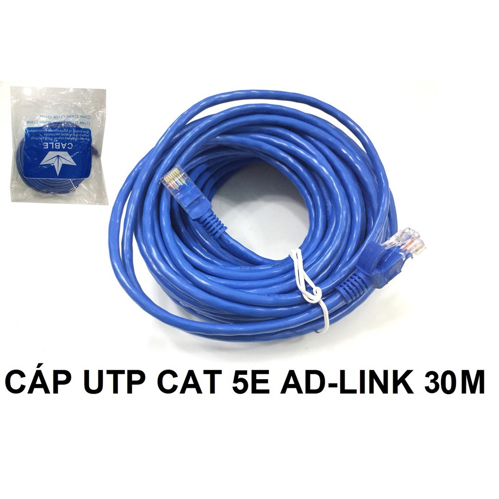 Cáp mạng 30m-Cáp mạng UTP CAT 5E AD-Link 30m bấm máy 2 đầu màu xanh hãng phân phối