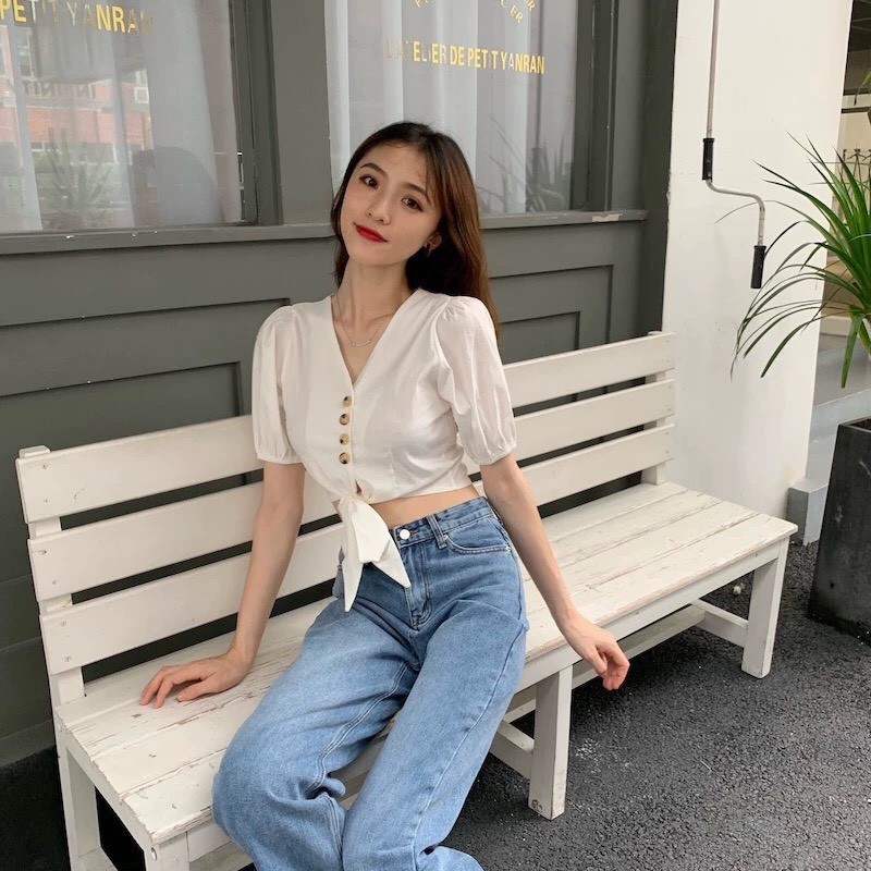 ÁO CROPTOP TAY CHUN ĐŨI THẮT NƠ TRƯỚC XINH XẮN | BigBuy360 - bigbuy360.vn