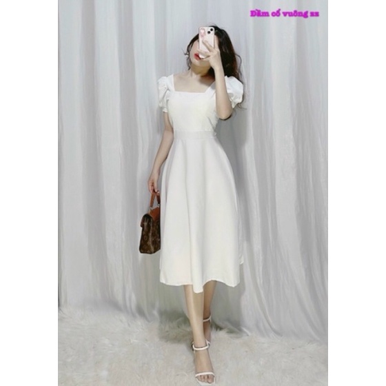 Đầm xoè trơn cổ vuông tay ngắn phồng có dây thắt eo kèm mút ngực-hình thật.
