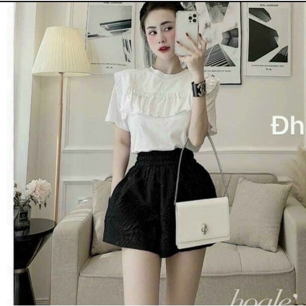 Quần short nữ dập nổi 3D xốp phồng hàng đẹp, Quần short nữ cạp chun lưng cao ống rộng vải xốp phồng nữ in hoa vân