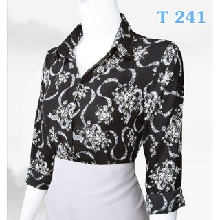 Áo somi nữ, tay dài, nền đen hoa dây trắng _ T 241