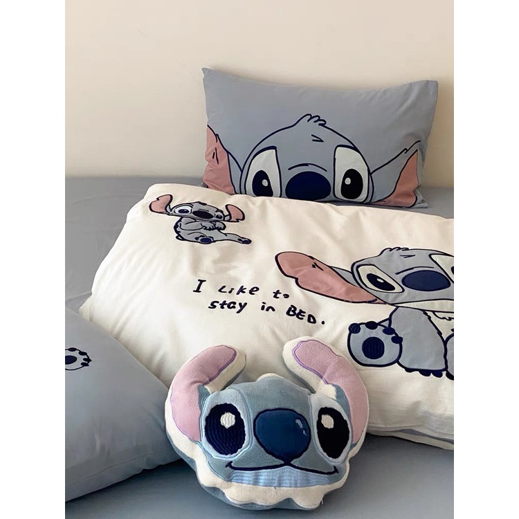 Bộ Chăn Ga Gối 5 Món mẫu STITCH -  Cotton Linen Họa Tiết Hoạt Hình Disney Dễ Thương