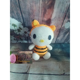 Thú bông bằng len, mèo kitty màu vàng trắng