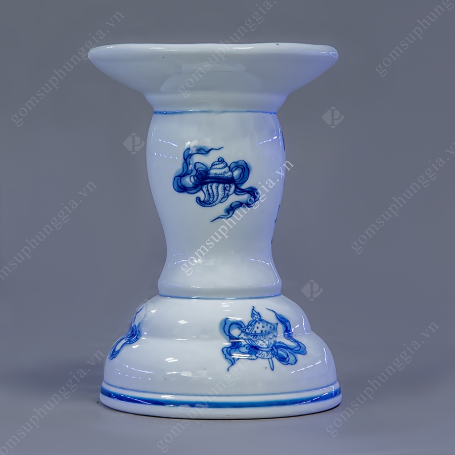 Chân đế nến hoạ tiết Ngũ Phúc nhiều kích cỡ men Lam Trắng Trơn, đồ thờ cúng Phùng Gia - Gốm sứ Bát Tràng cao cấp