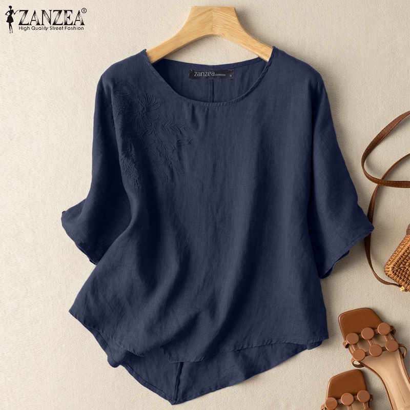 Áo thun ZANZEA cho nữ cổ tròn tay lửng màu trơn phong cách retro