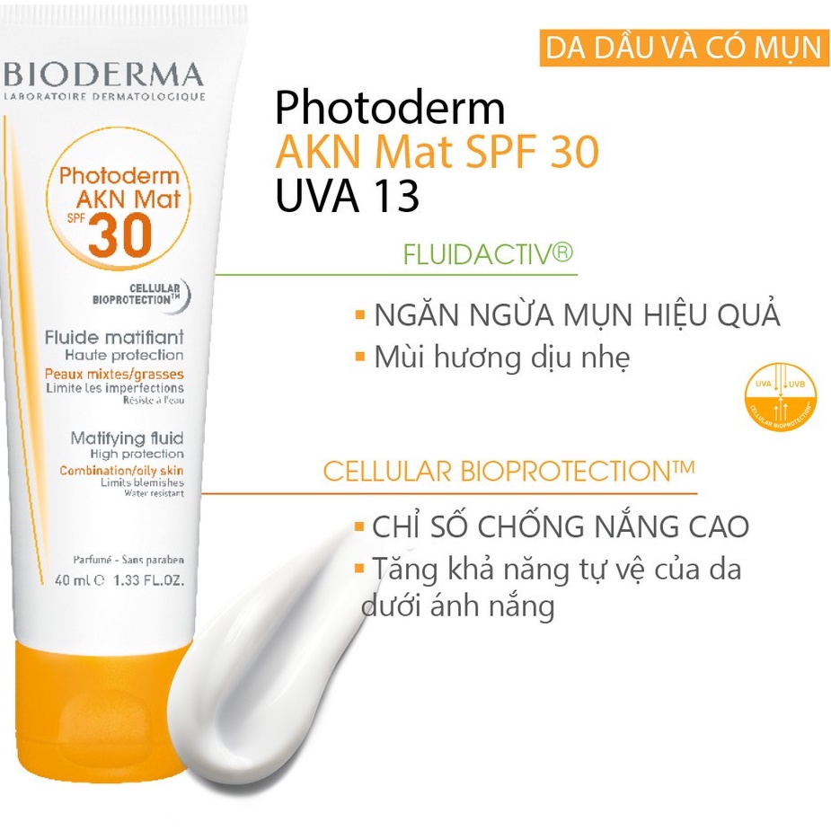 Kem chống nắng cho da mụn Bioderma Photoderm AKN Mat SPF30 - 40ml