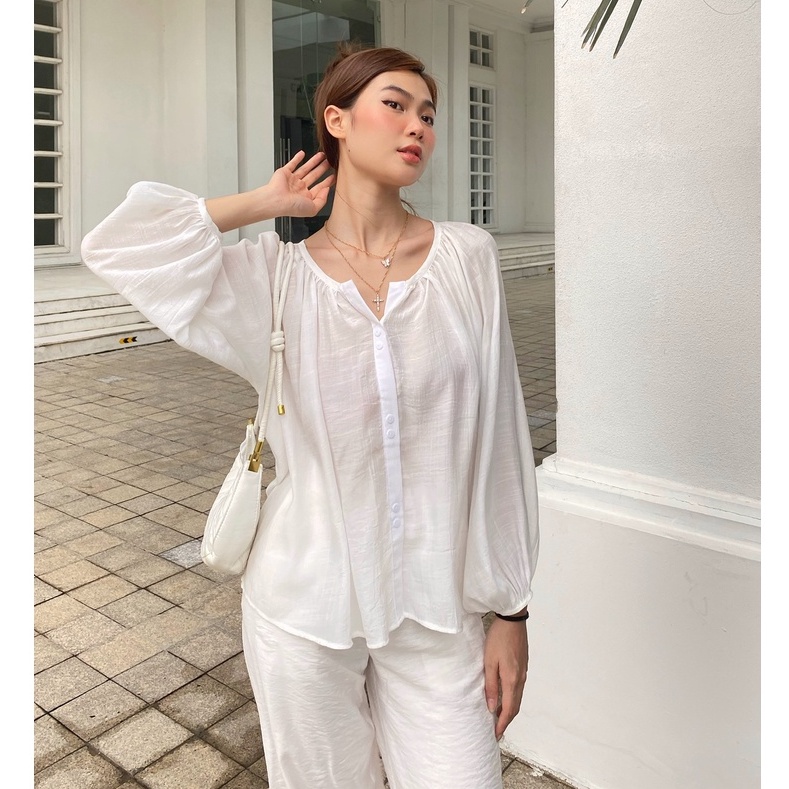 Áo sơmi cổ trụ tay raglan vải tơ mềm rũ MIEU - HM29