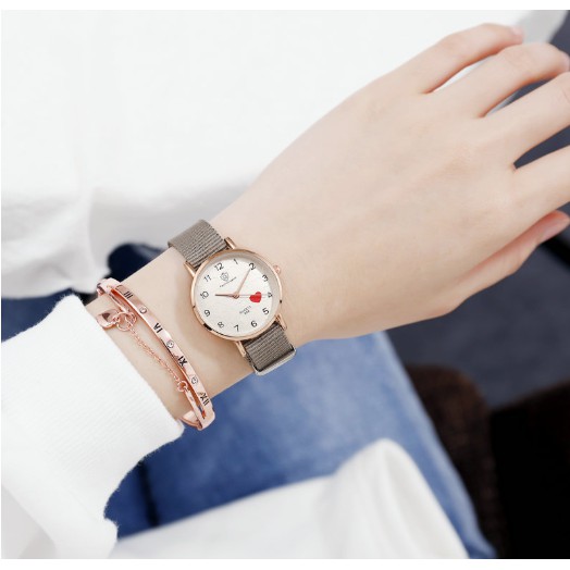 ĐỒNG HỒ NƯ DÂY VẢI DÙ HAZO 324 FASHION WATCH TRÁI TIM ĐỎ PHONG CÁCH HÀN QUỐC