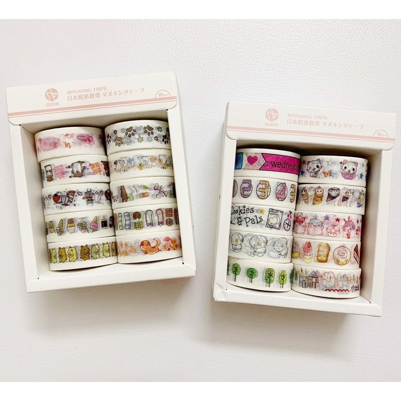 Hộp 10 Cuộn Washi Tape in Hình Hoạ Tiết Dễ Thương - Set 10 Cuộn Băng Dính Washi