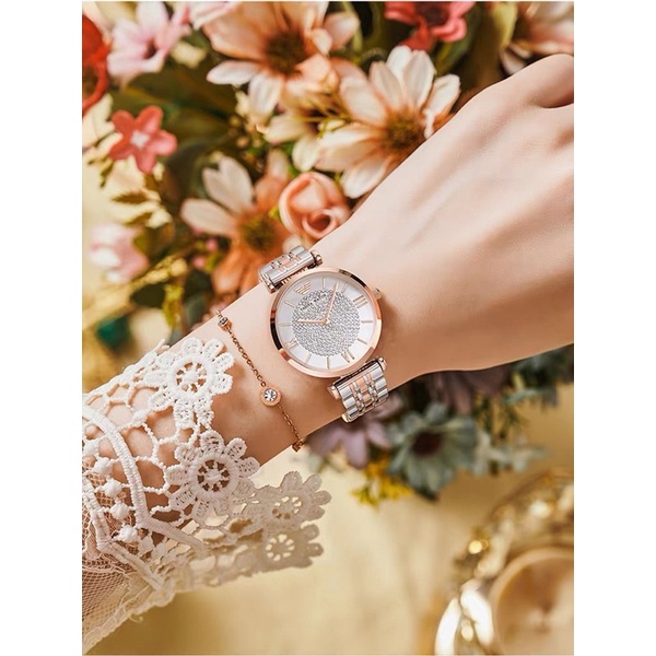 Đồng hồ nữ KAREKISO siêu mỏng, đồng hồ cao cấp chính hãng chống nước dây kim loại mặt đính đá