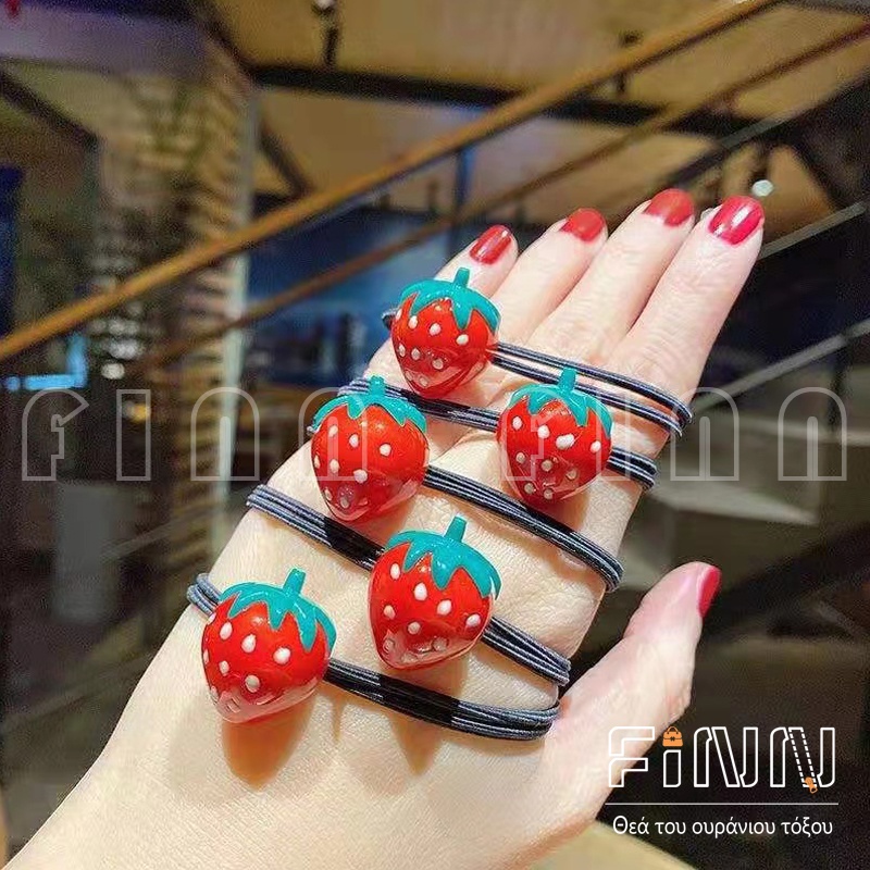 Dây buộc tóc cao su màu đen trơn họa tiết dâu tây dễ thương nhập khẩu Hàn Quốc cho nữ