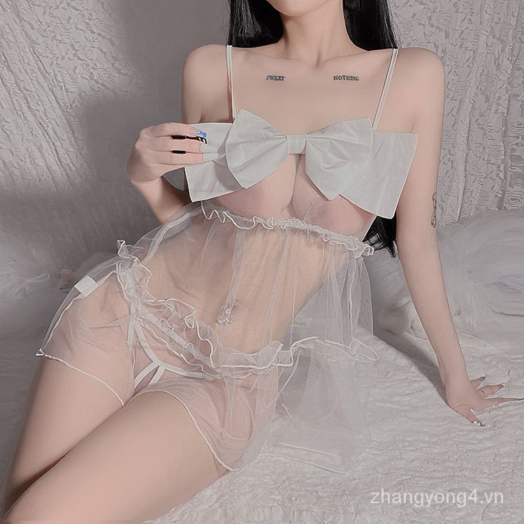 Bộ Đồ Ngủ Hai Dây Phối Lưới Trong Suốt Đính Nơ Quyến Rũ Cho Nữ 3mgo