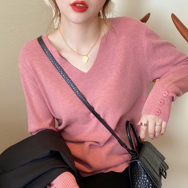Áo len mềm mại tay dài cổ chữ V dáng rộng phong cách Hàn Quốc thời trang thu đông dành cho nữ