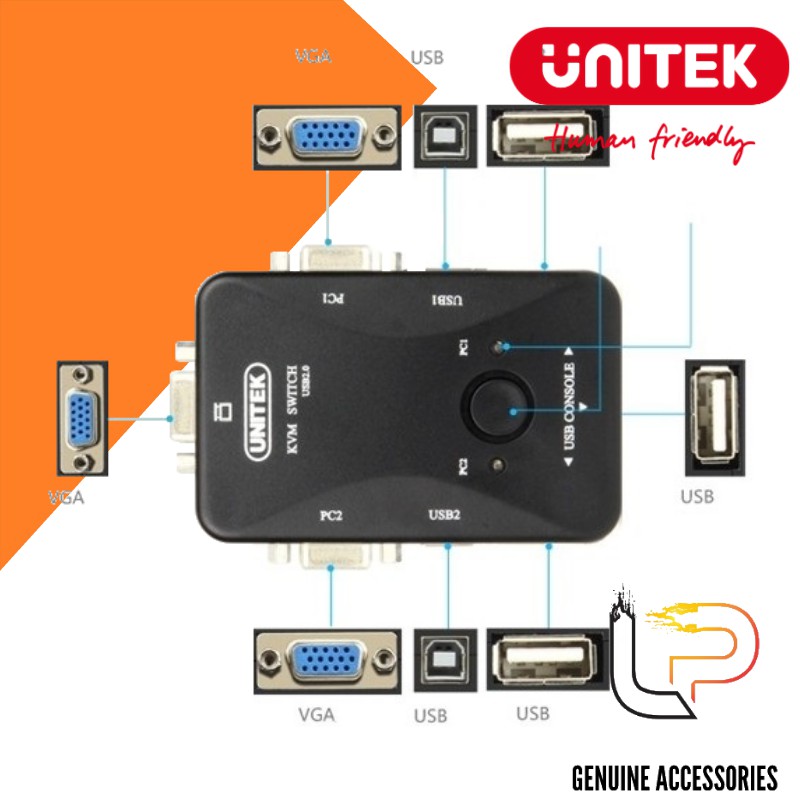 Bộ chuyển đổi KVM VGA USB 2 vào 1 ra Unitek U-8709ABK