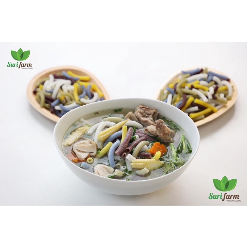 Nui rau củ hữu cơ Surifarm (nui thẳng dùng để xào) chiết xuất tự nhiên từ củ dền, đậu biếc, bí đỏ hộp 400gr