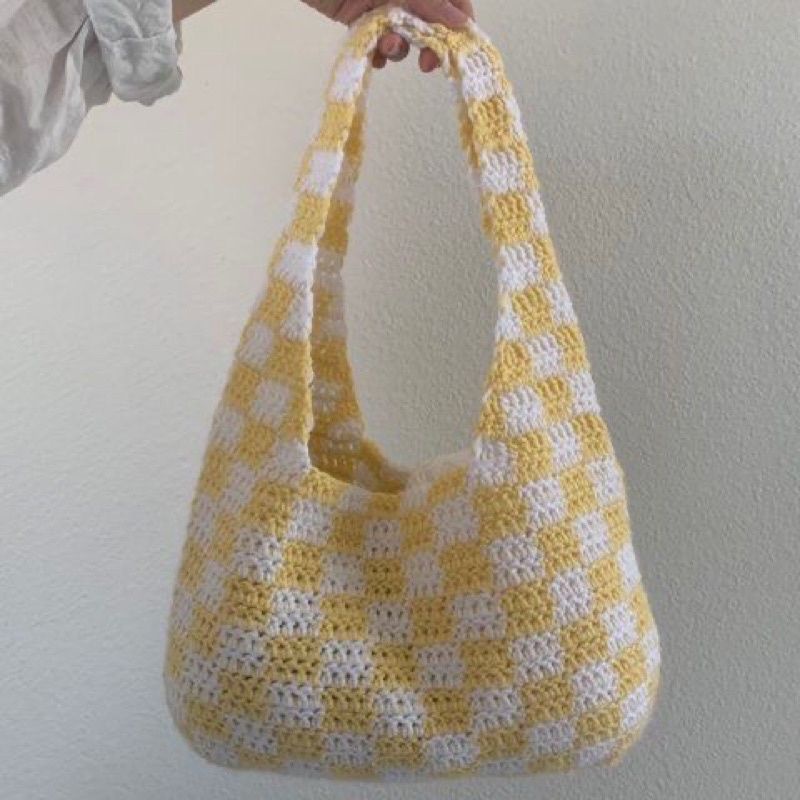 Túi xách kẹp nách họa tiết caro len handmade/Tote bag handmade