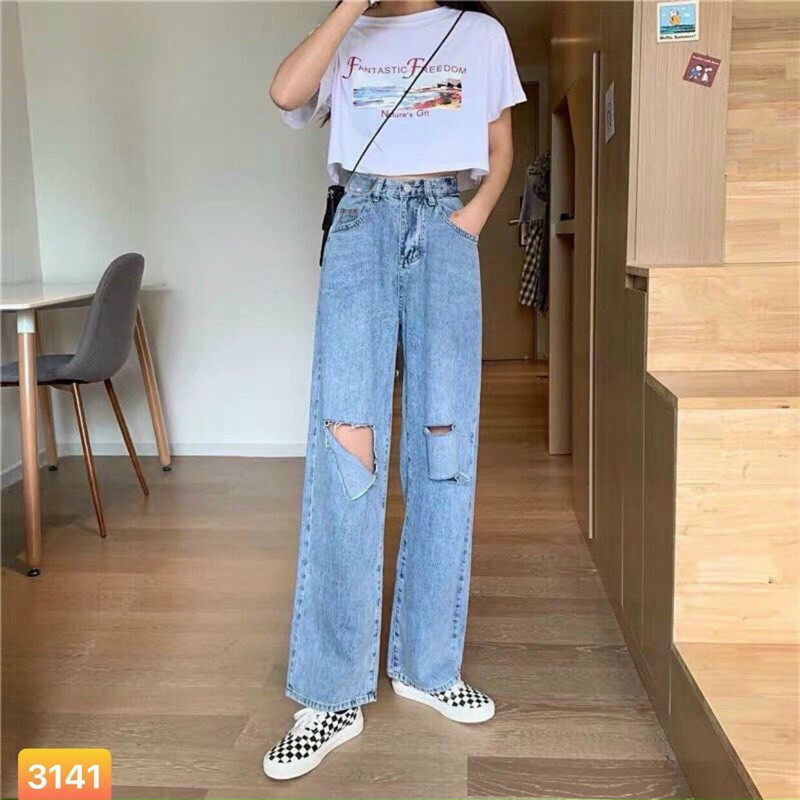 Baggy Jeans Ống Suông Túi Nắp Rách 3 Line