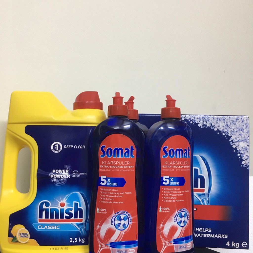 combo  3 chai bóng Somat 750 ml  + can bột Finish 2.5 kg + hộp muối  finish 4 kg