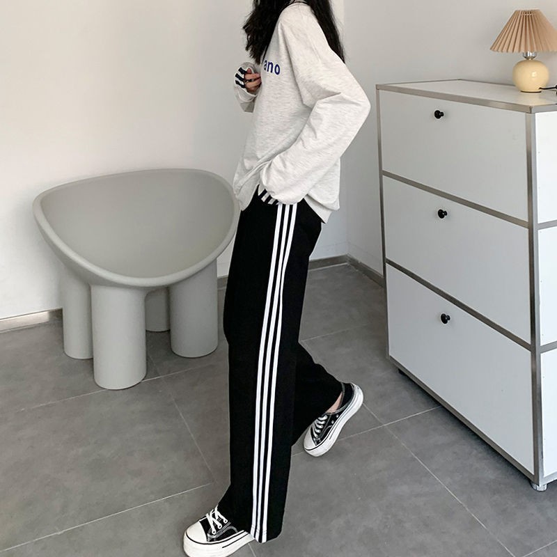 Quần thể thao nữ vải  đen 3 sọc trắng quần jogger Thời Trang Co Dãn 4 Chiều Đai chun Quần ống suông mặc đi học học sin