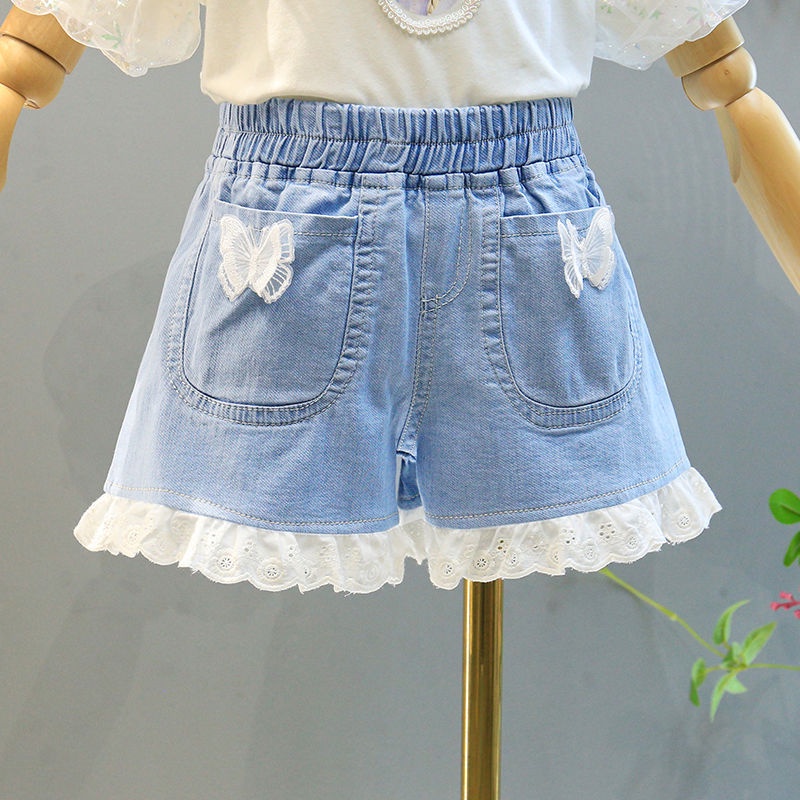 Quần Short Denim Dáng Rộng Viền Ren Phong Cách Hàn Quốc Thời Trang Mùa Hè Hàng Mới Phong Cách Hàn Quốc Cho Bé Gái