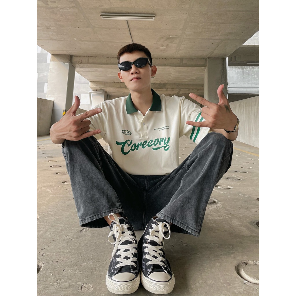 Áo polo unisex tay lỡ form rộng Coreeory, áo thun có cổ nam nữ chất cotton - Gin Store