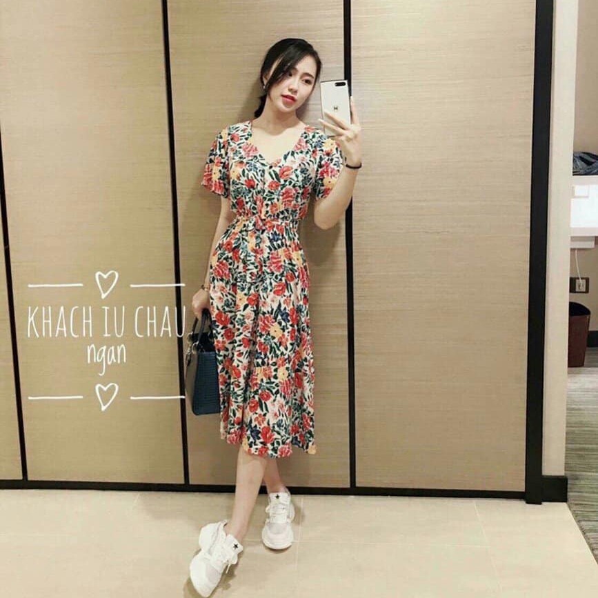 Đầm xoè cổ V in hoa lá 3D chi pu siêu hot MP570🎀(1MÀU) 🆕- kèm hình chụp thật sp 💯