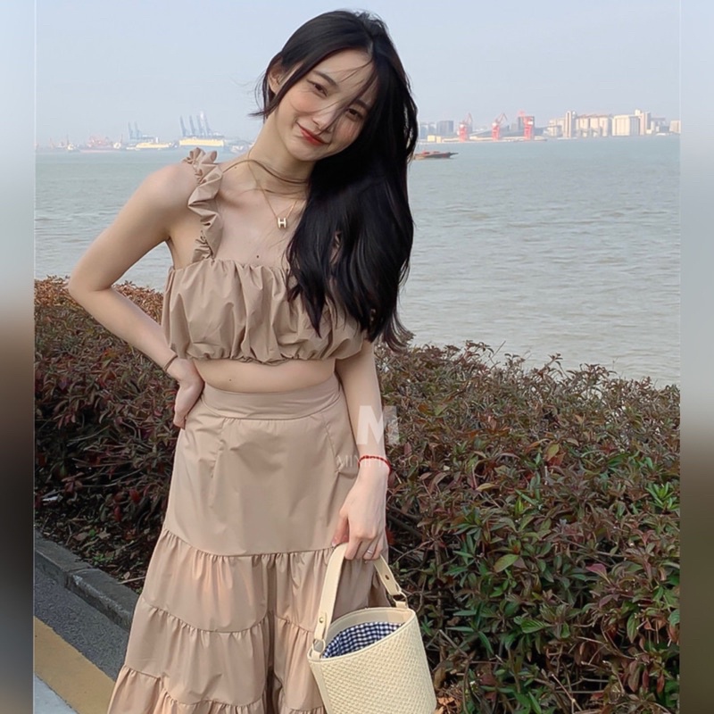 Set Áo 2 Dây Kèm Chân Váy Midi Dài Thời Trang Mùa Thu - Minipie