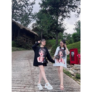 áo thun nữ dáng rộng hình cô gái in 2 mặt