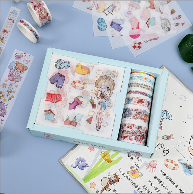 Set 7 cuộn băng dính và 9 miếng dán sticker trang trí đồ dùng cá nhân hoạt hình Chibi siêu xinh BAG U SETSBD588