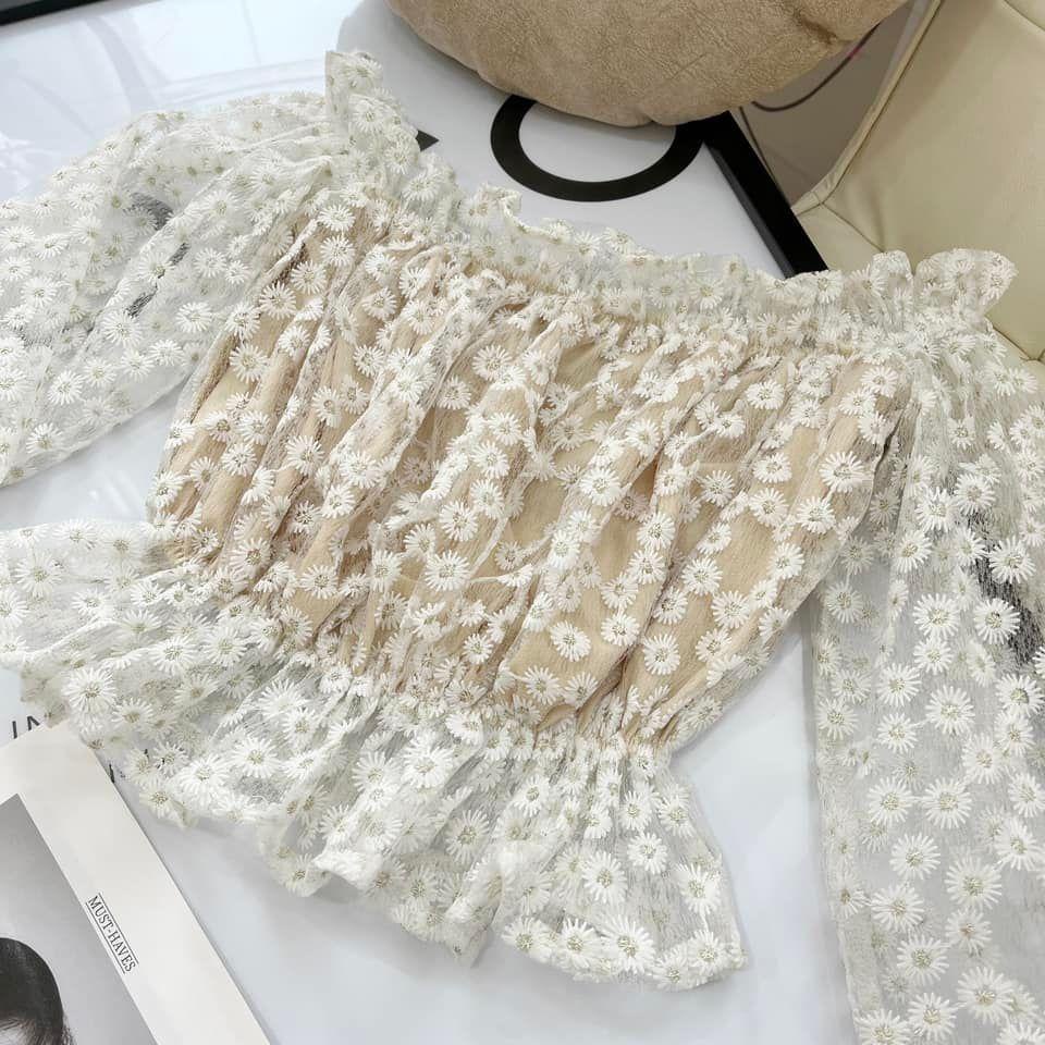 [Ảnh thật] Áo croptop lưới bi hoa trễ vai bèo tay dài nhún phồng