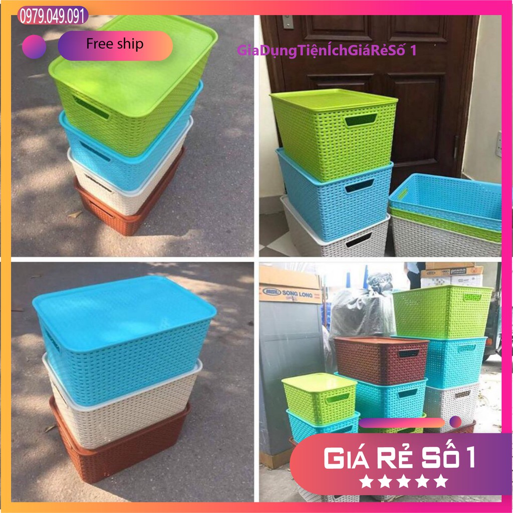Combo 2 giỏ nhựa đan giả mây đựng đồ kiểu Hàn Quốc có nắp size đại hãng Việt Nhật,  - Thùng nhựa đan nhiều màu