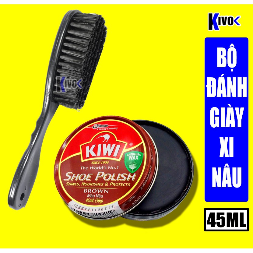 Combo Bộ Xi Đánh Giày Nâu + Bàn Chải Đánh Giày CÁN DÀI KIWI - Sáp Đánh Bóng Giầy Da - Xi Nâu 45ml Si Đánh Giày