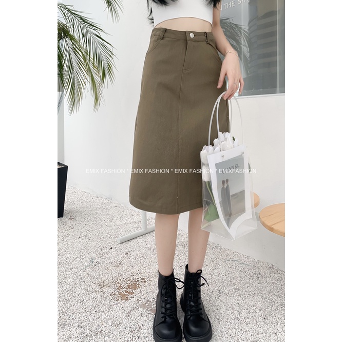 Chân váy jean chữ A xẻ sau EMIX, midi,cạp cao, khóa trước, dáng dài CVjean6701