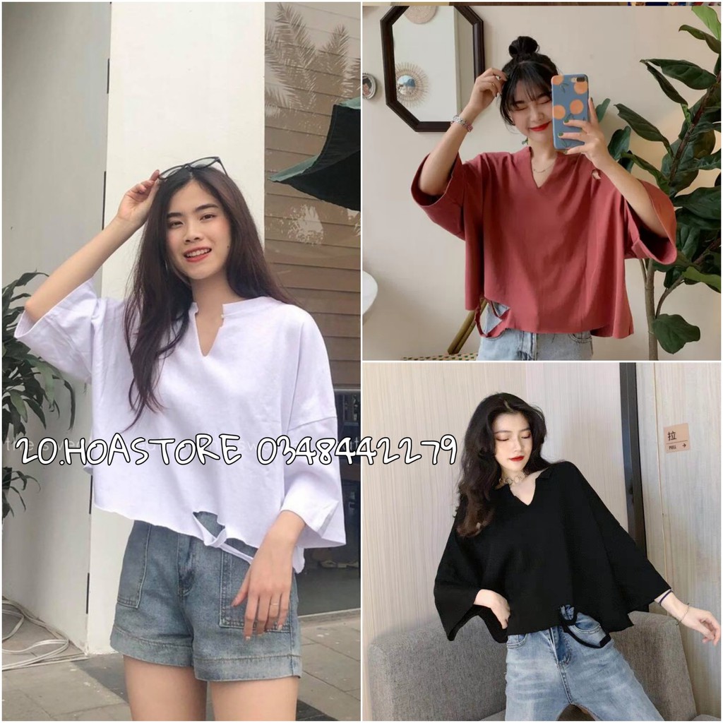 ÁO CROPTOP TRƠN CỔ V RÁCH BASIC