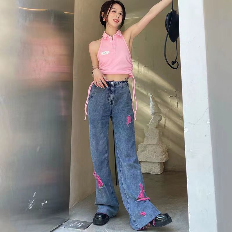 ☢Quần Jeans Nữ Lưng Cao Ống Rộng Rách Gối Cá Tính