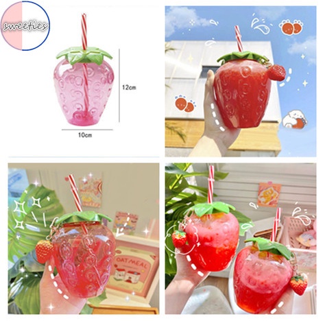 Bình nước thủy tinh trong suốt hình trái dâu hoạt họa xinh xắn 500ml