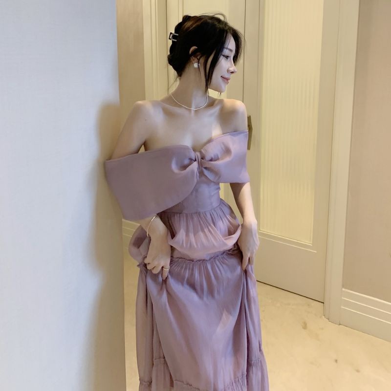 Hàng đặt trước váy trễ vai nơ tím