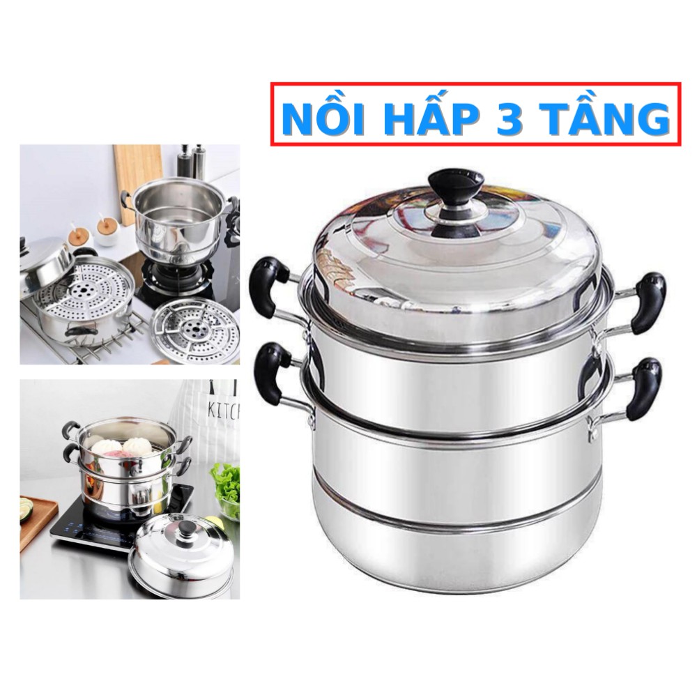 Nồi Hấp Inox Đa Năng 3 TẦNG 2 VỈ 28CM Dùng Cho Cả Bếp Từ Và Bếp Ga Tiện Lợi Cho Nhà Bếp