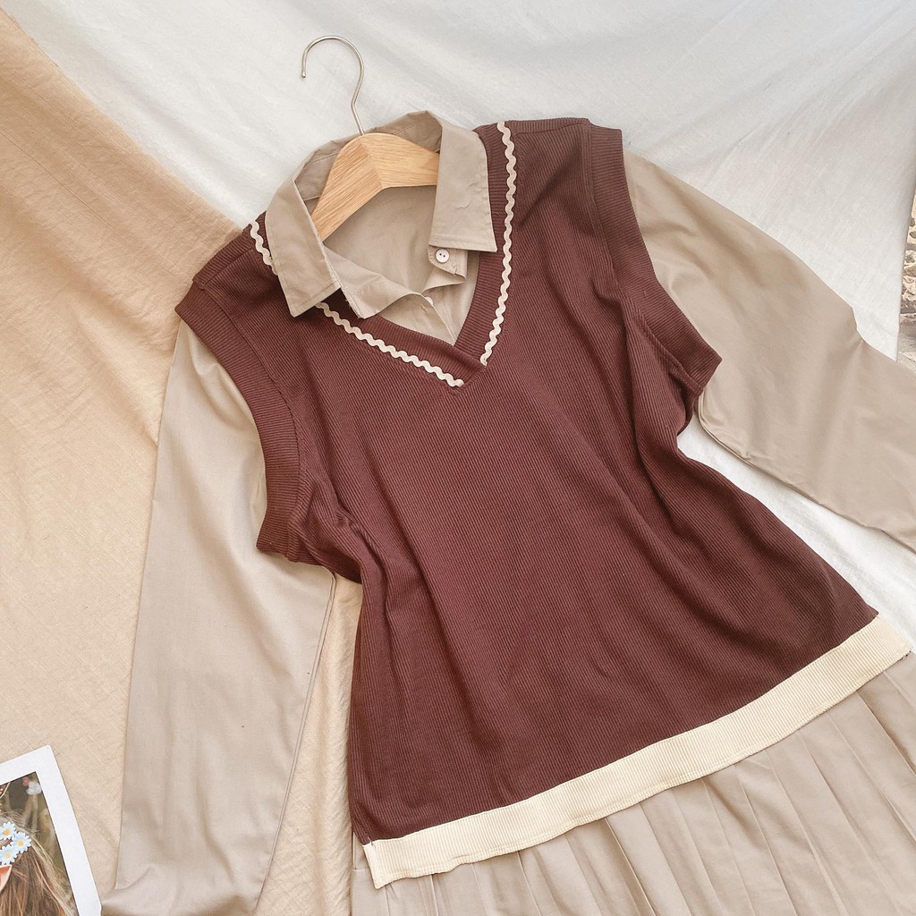 SET ĐẦM SƠMI NUDE PHỐI CHÂN XẾP LI + ÁO GILE NÂU VIỀN | BigBuy360 - bigbuy360.vn