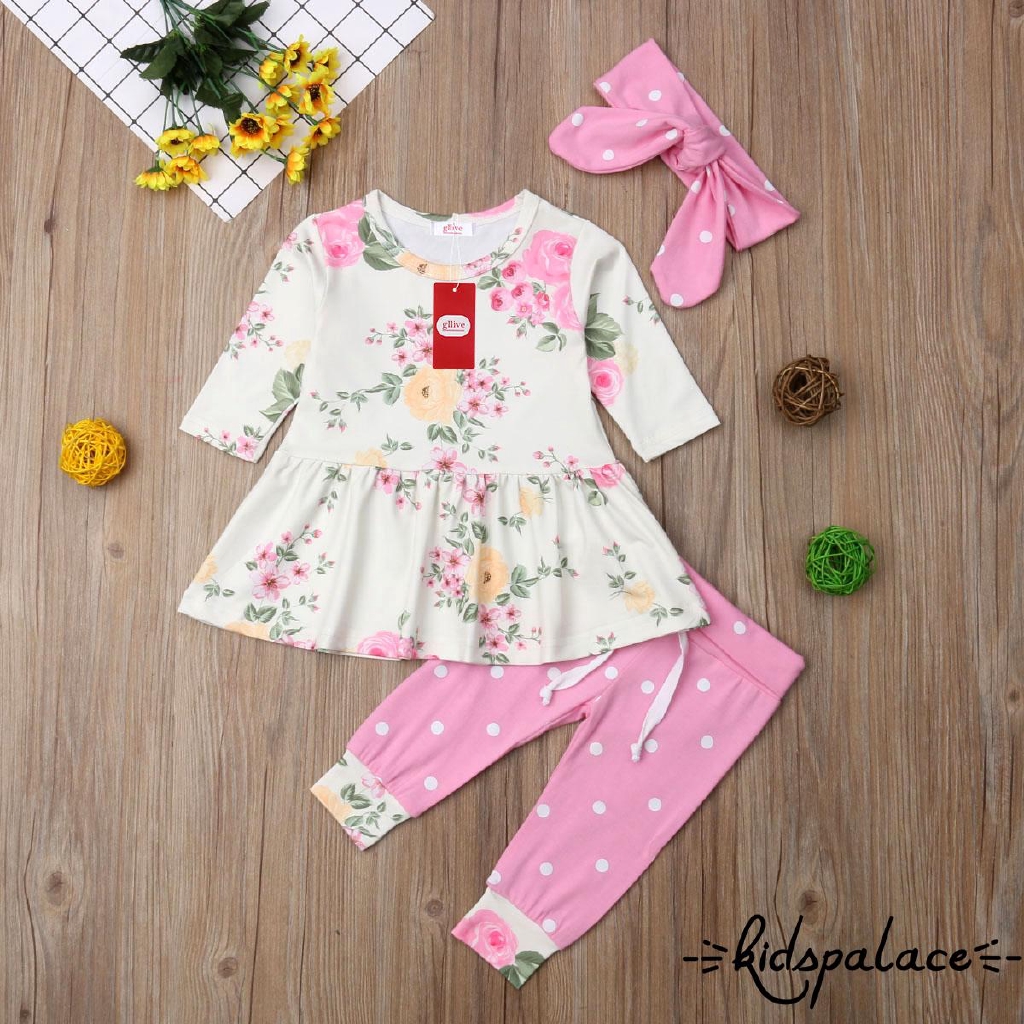 Set áo tay dài + quần legging + băng đô họa tiết chấm bi cho bé gái