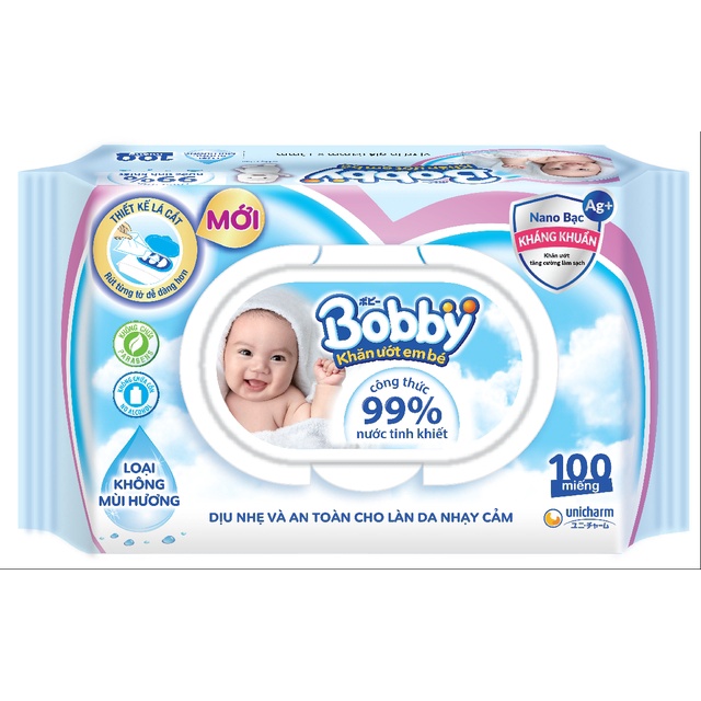 Khăn Ướt Bobby NANO Bạc Kháng Khuẩn Gói 100 Tờ Không Mùi