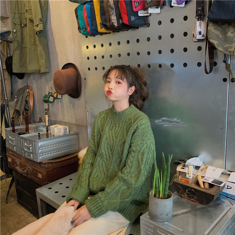 Áo Sweater Dệt Kim Cổ Tròn Dáng Rộng Màu Sắc Trơn Phong Cách Hàn Quốc Thời Trang Thu Đông Cho Nữ