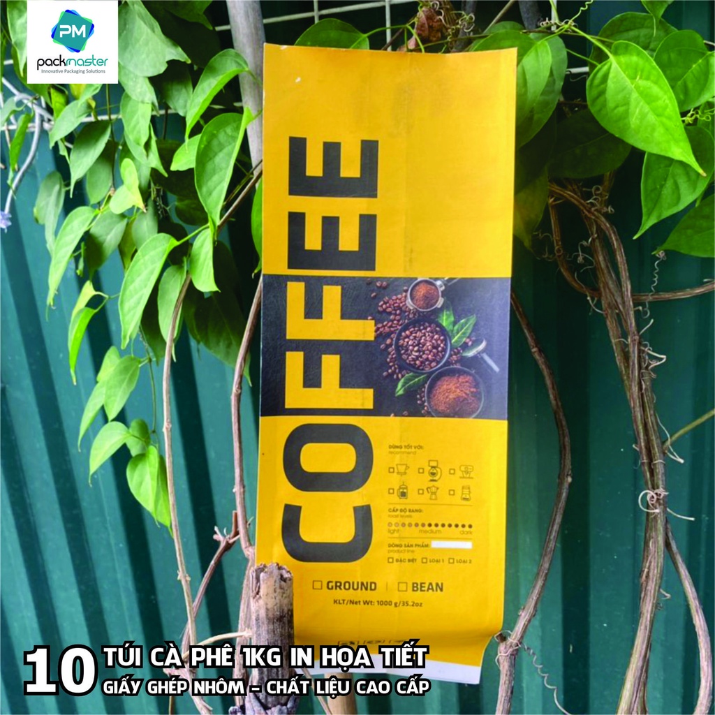 Combo 10 Túi Cà phê 4 cạnh + Van 1 chiều loại 500g đến 1kg in hình siêu đẹp