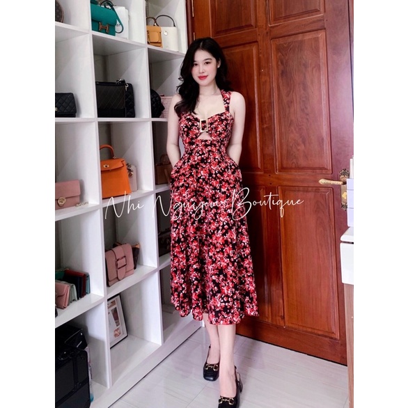 Đầm maxi hai dây bảng to khoen ngực khoét eo hoạ tiết, hoa, nhiều màu có túi hai bên hàng cao cấp