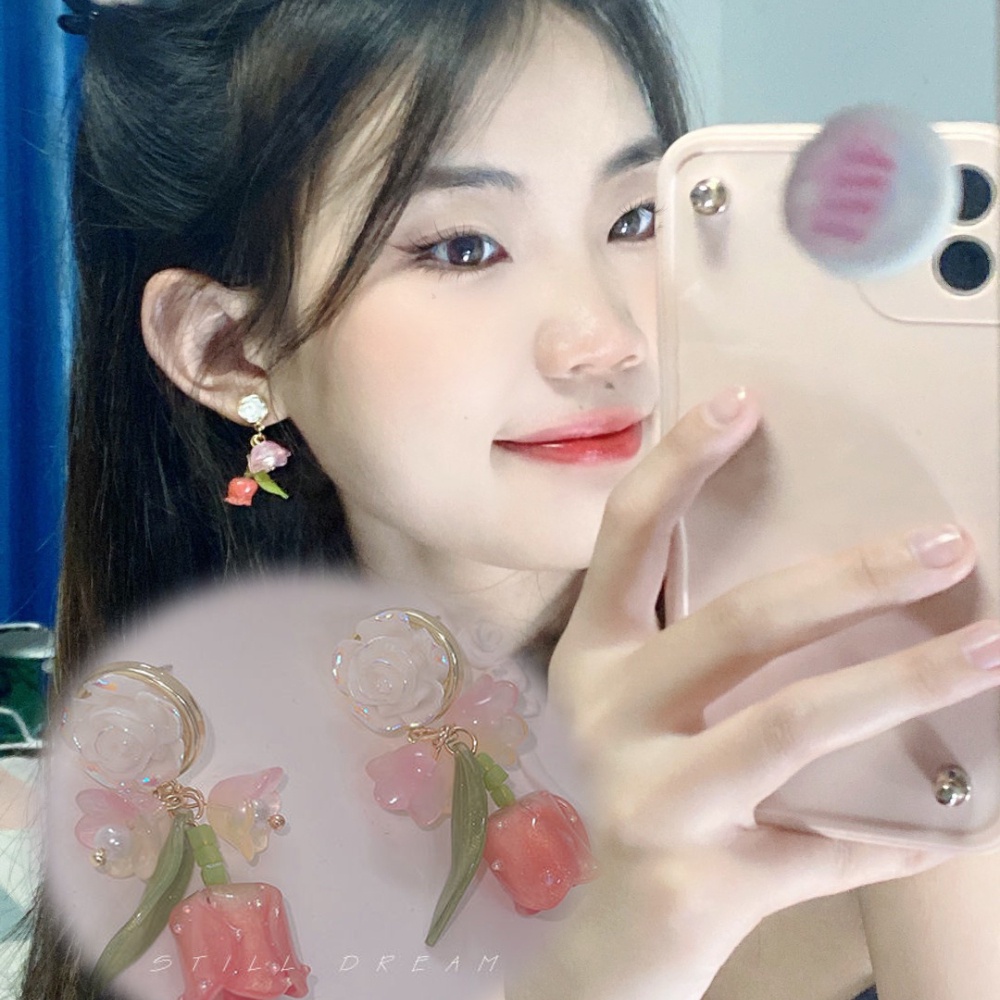 Bông Tai Hoa Tulip Đính Ngọc Trai Hồng Nhẹ Nhàng Đơn Giản Hợp Thời Trang Mới