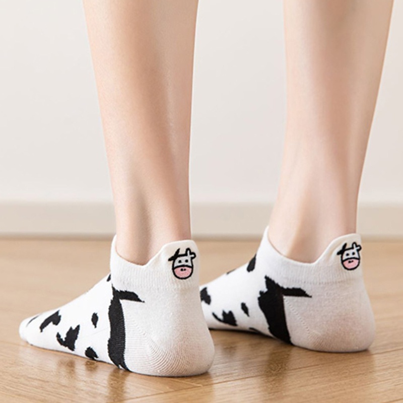 Set 5 Cặp Vớ Cotton Cổ Thấp In Họa Tiết Bò Sữa Hoạt Hình Thời Trang Mùa Hè Cho Nữ